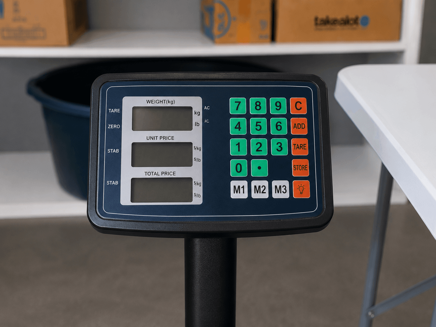 Digital scale weighing laundry, priced honestly by the kilogram